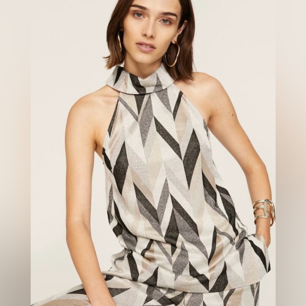 Trina Turk Jocular Chevron Silver Metallic Sleeveless High Neck Top
